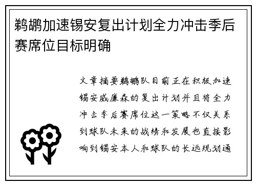 鹈鹕加速锡安复出计划全力冲击季后赛席位目标明确