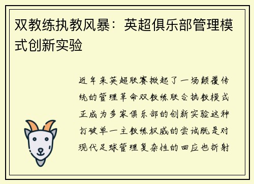 双教练执教风暴：英超俱乐部管理模式创新实验