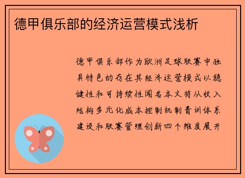 德甲俱乐部的经济运营模式浅析