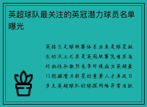 英超球队最关注的英冠潜力球员名单曝光